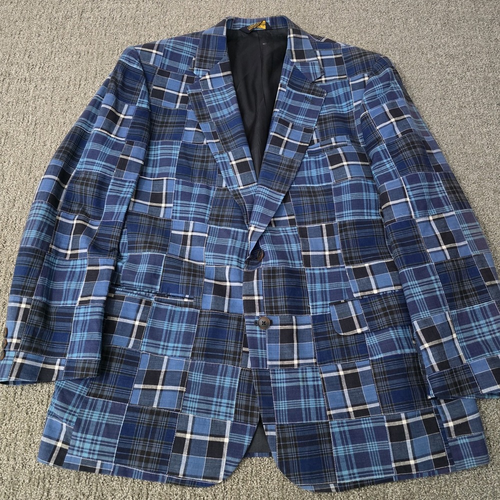 Vintage Brooks Brothers Indigo Madras Olde Patchwork Jacket 42R Made In USA